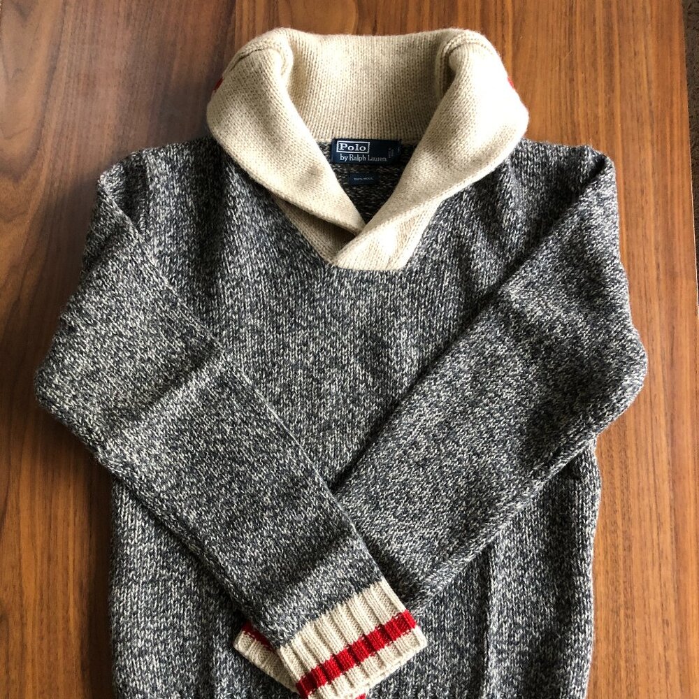 Polo Ralph Lauren Wool  'Sock Monkey' Sweater Small Heather Grey Shawl Collar